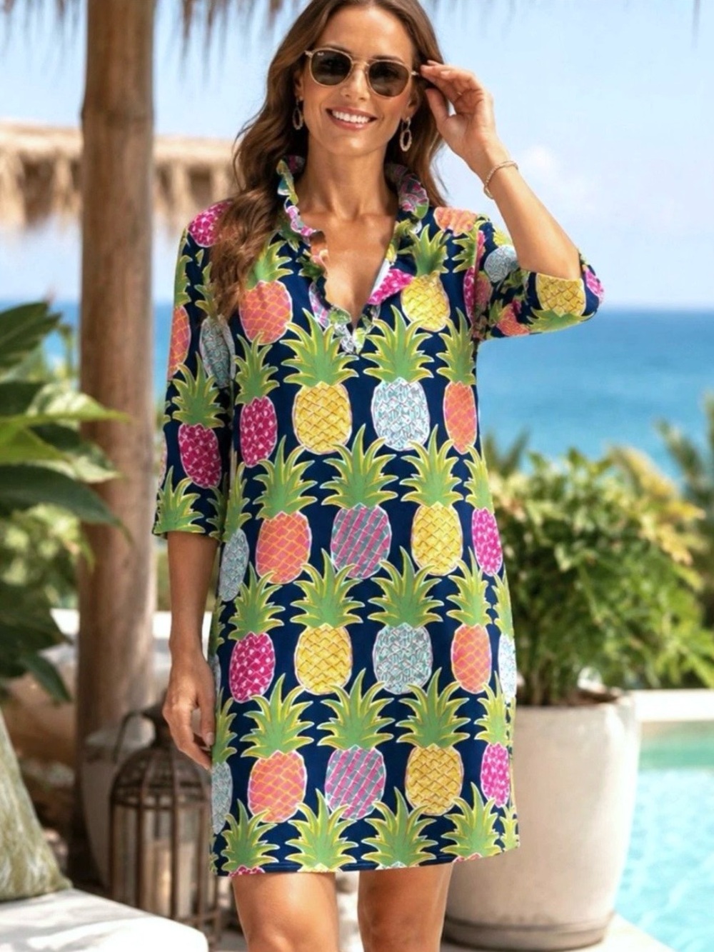 Simply Southern Ruffle High Collar Pineapple Print Resortwear Long Sleeve Dress